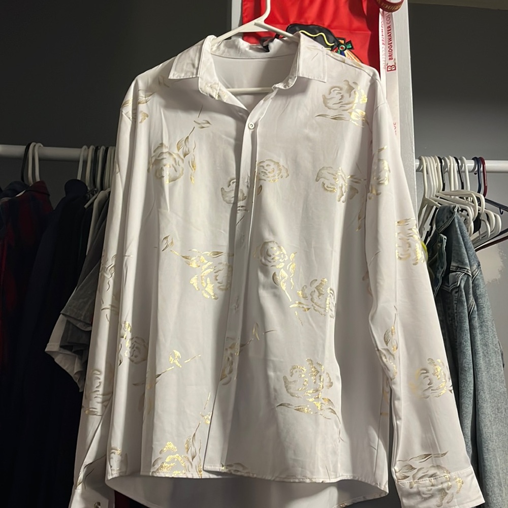White button up with gold roses